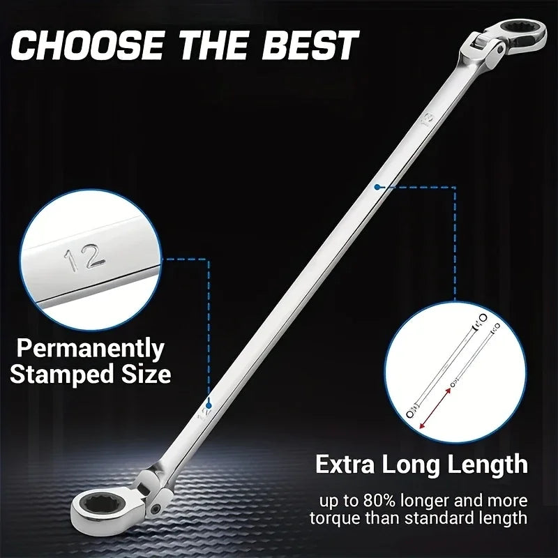 Extra Long Flex-Head Ratcheting Wrench Spanners for Car & Bike, Automotive & Garage Tools