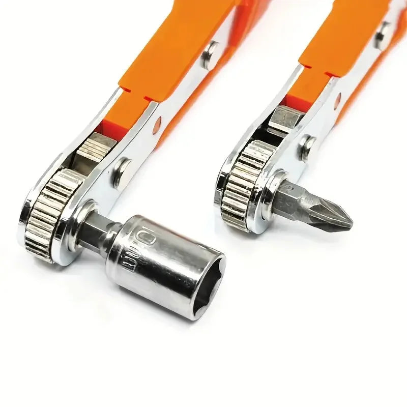 Two orange and silver tools with interchangeable bits on a white background