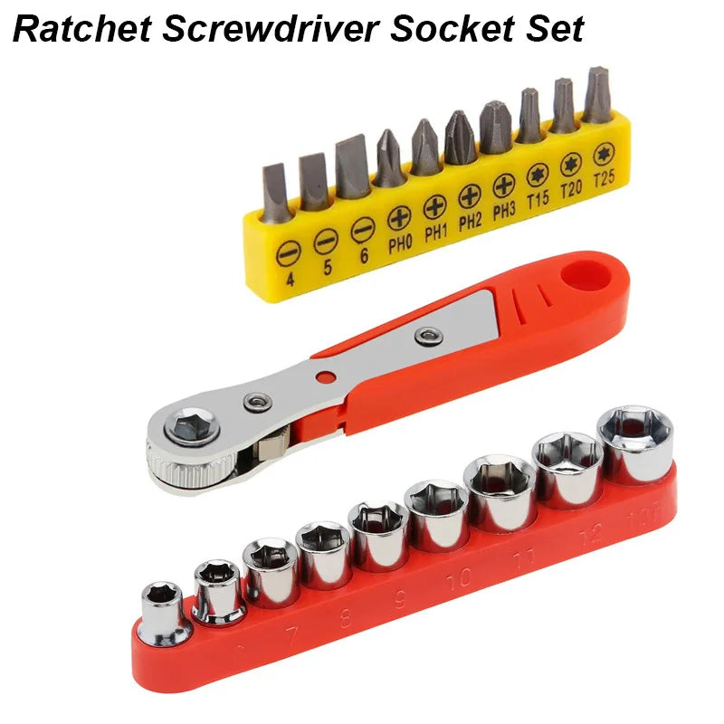 Ratchet screwdriver and socket set with tools on a white background