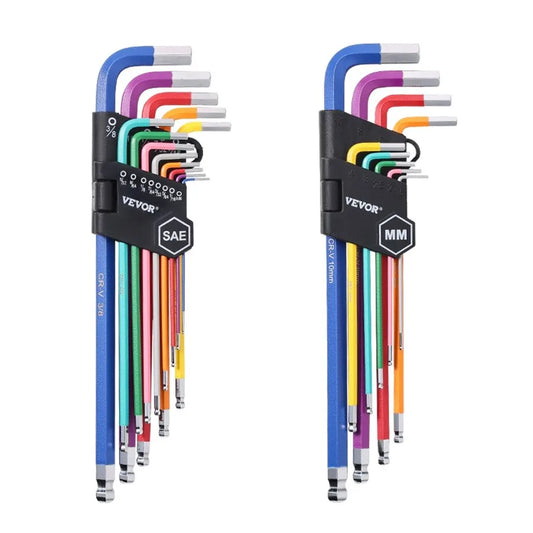 22-Piece Hex Key Allen Wrench Set | SAE & Metric Long Arm Ball-End Keys (1.5mm–10mm & 0.050"–3/8") | Color-Coded, Chrome Vanadium Steel