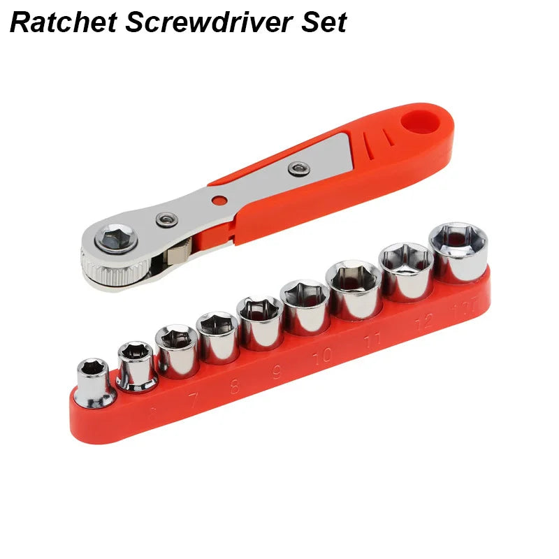 Ratchet screwdriver set with red handle and silver sockets on a white background
