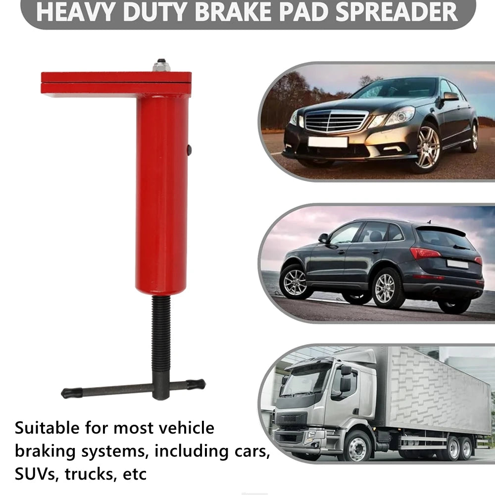 Heavy-duty brake pad spreader with images of cars and a truck, suitable for vehicle braking systems.