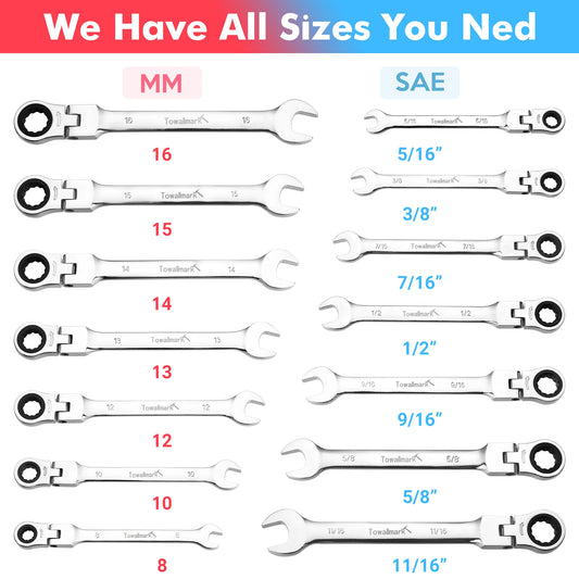 14-Piece Metric & SAE Ratcheting Wrench Set – 180° Flex-Head Combination Wrenches with Roll-Up Pouch, Chrome Vanadium Steel (8mm–16mm & 5/16"–11/16")