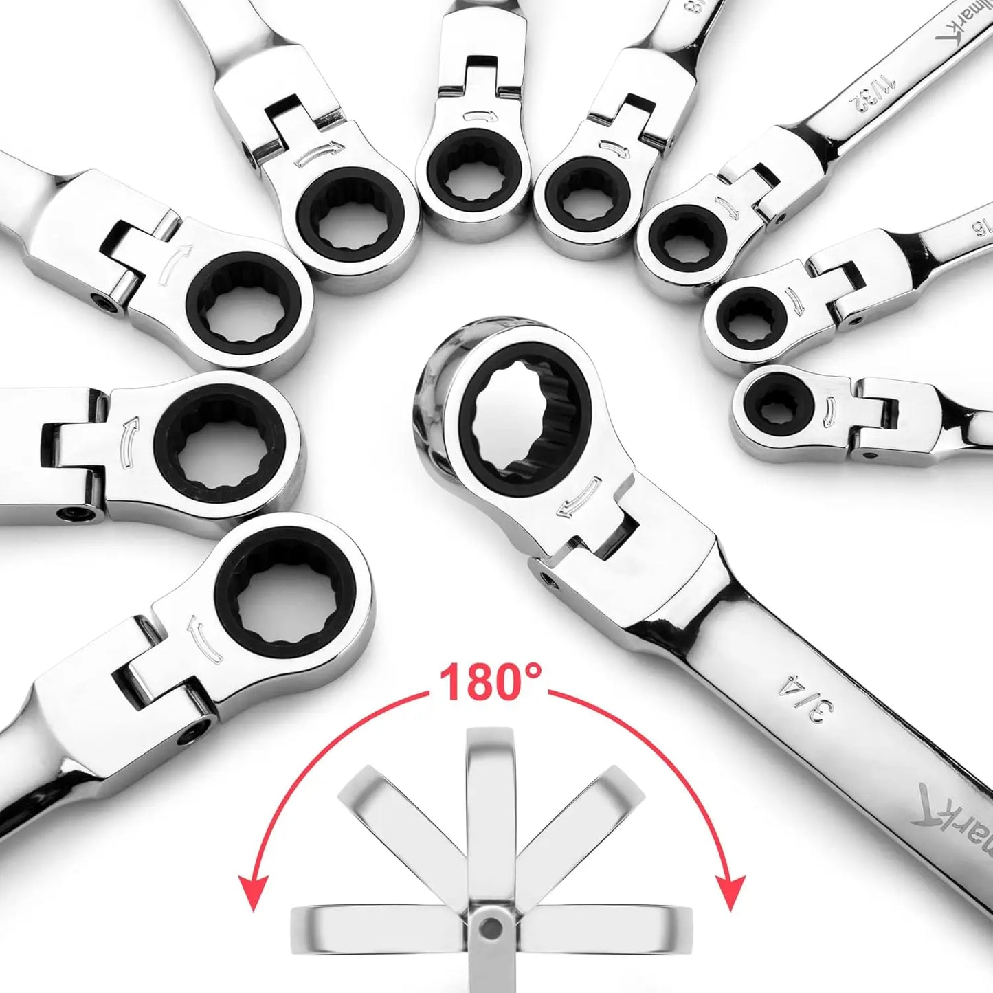 14-Piece Metric & SAE Ratcheting Wrench Set – 180° Flex-Head Combination Wrenches with Roll-Up Pouch, Chrome Vanadium Steel (8mm–16mm & 5/16"–11/16")