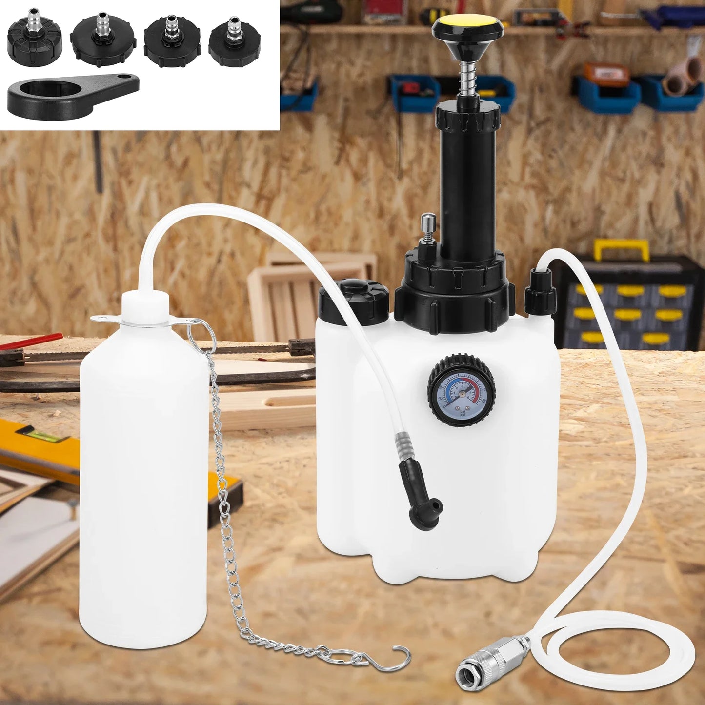 L Manual Brake Bleeder Kit – One-Person Brake & Clutch Fluid Bleeding Tool with Pressure Gauge, 4 Adapters & Waste Oil Bottle