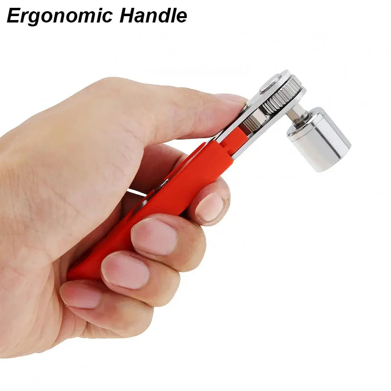 Hand holding a red tool with a silver handle, labeled 'Ergonomic Handle'.