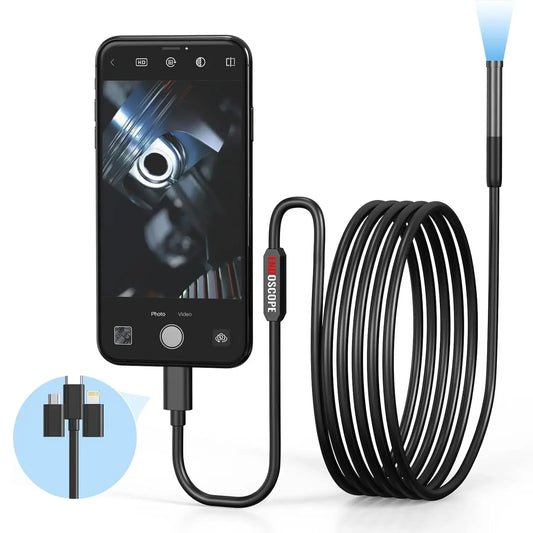 Smartphone with endoscope attachment on a white background