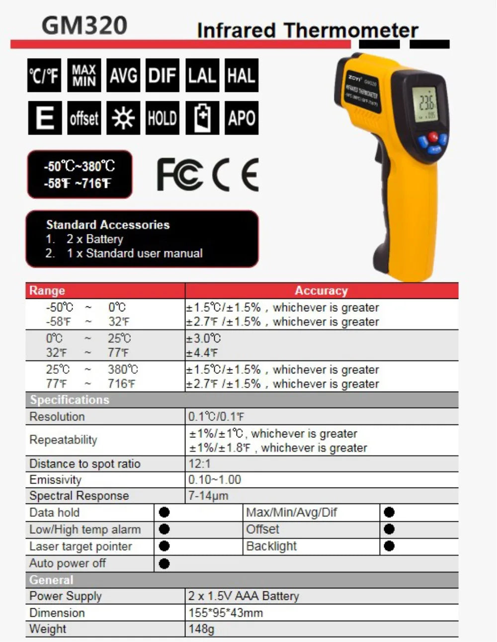 GM320 Infrared Thermometer – Non-Contact Digital Laser Temperature Gun (-50°C to 380°C) with LCD Display & Adjustable Emissivity